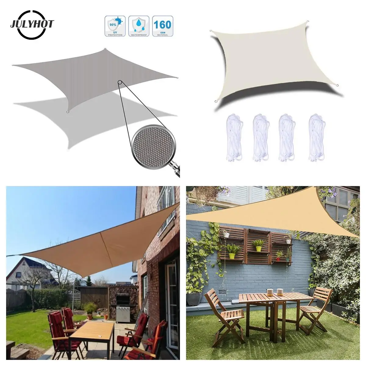 

300D Waterproof Gray Square Rectangular Shade Sail Awning Camping Hiking Sun Shelter Outdoor Garden Swimming Pool