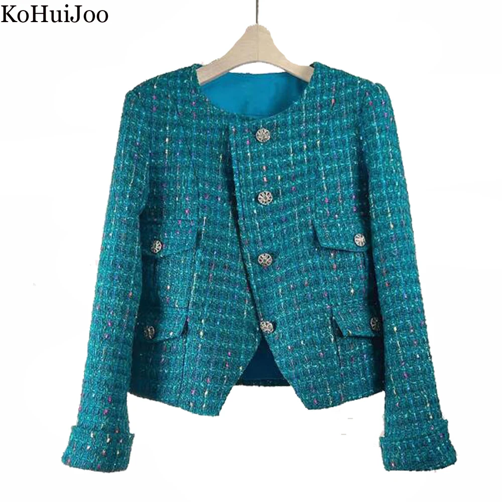KoHuiJoo  New Fashion Korean Ladies Multicolour Tweed Woolen Jacket Coat Women Autumn Single Breasted Loose Short Outerwear Blue