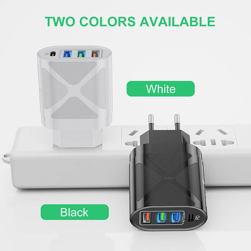 VAORLO 48 Вт 3.1A 3USB + PD Type-C быстрое зарядное устройство 4 порта зарядный кабель EU/US/UK