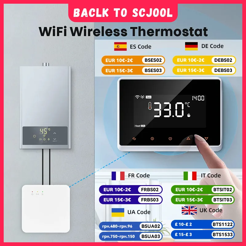 Фото Новый беспроводной Wi-Fi термостат Tuya, газовый котел, на батарейках, Wi-Fi термостат для котла, регулятор температуры Alexa Google Home №1