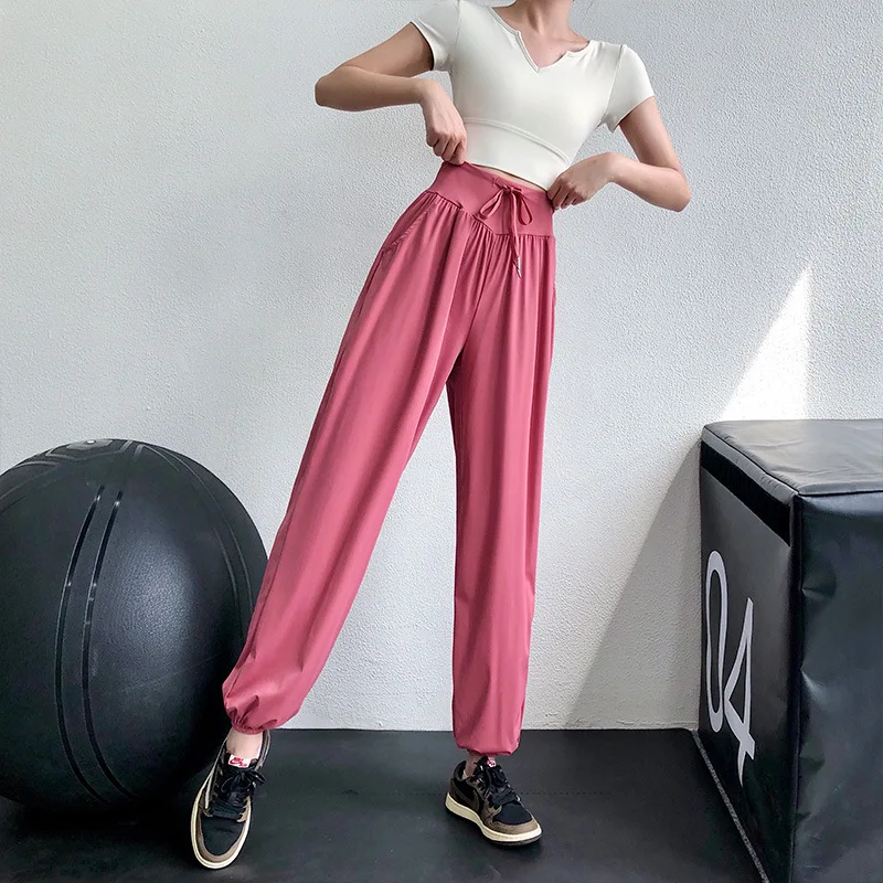 Fitness Sports Pants Women Elastic High Waist Pants Casual Loose Yoga Sports Trousers With Pockets Gym Running Sweatpant
