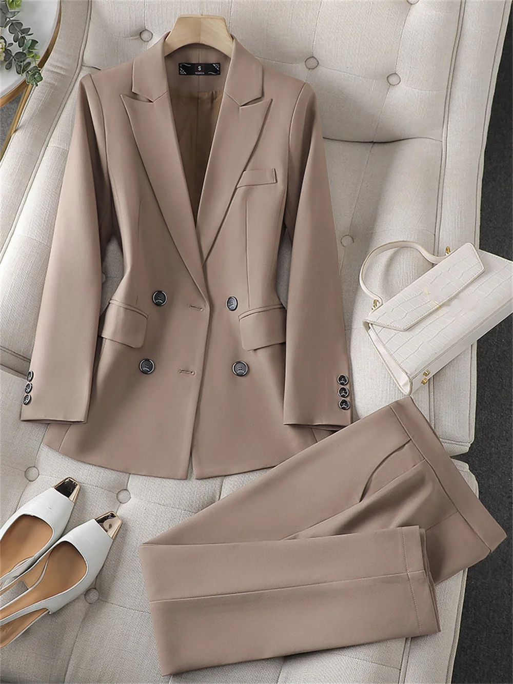 Fashion Ladies Pant Suit 2023 New Black Pink Khaki Blazer + Trouser Elegant Women Office Business Work Wear Formal 2 Piece Set