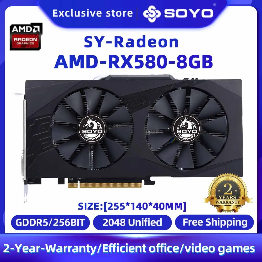 SOYO NEW AMD Graphics Card RX580 8GB 2048sp 256bit Gddr5 GPU Computer graphics card Play game GPU rx580 8G Video For Desktop PC