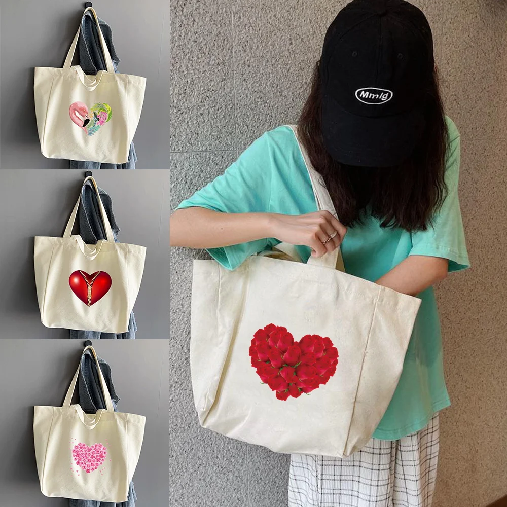 

Foldable Canvas Outdoor Storage Shoulder Bag Portable Multifunctional Tote Love Print Reusable Supermarket Shopping Handbag