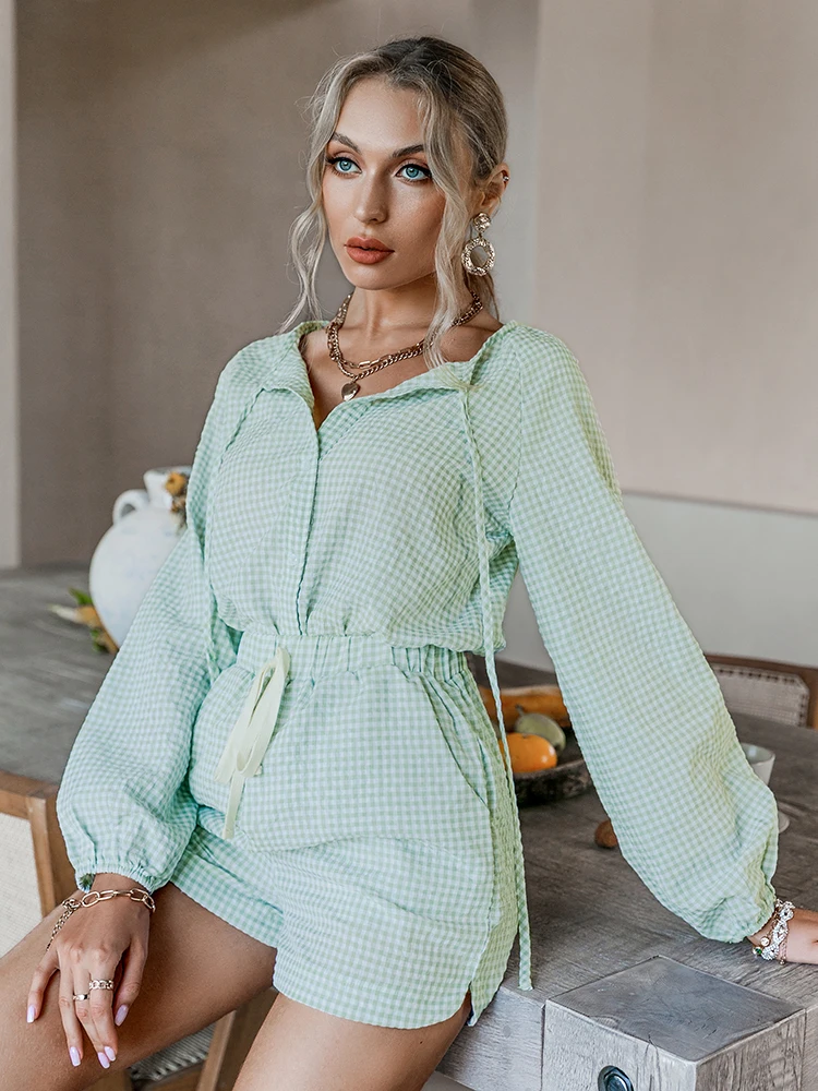 

Simplee Casual Green Plaid Two-piece Women Suit Summer 2021 Single breasted V-neck Top Short Sets Fashion Long-sleeve Female Set
