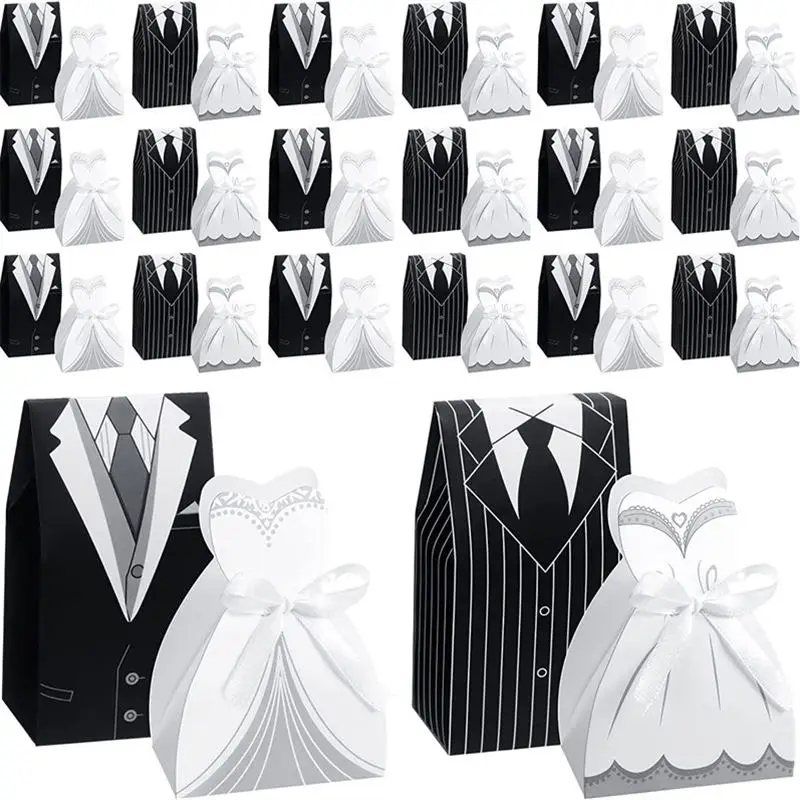 

12/24pcs Bride Groom Candy Boxes Wedding Gift Boxes Dessert Bags with Ribbons Wedding Decorations Keepsakes Party Decorations