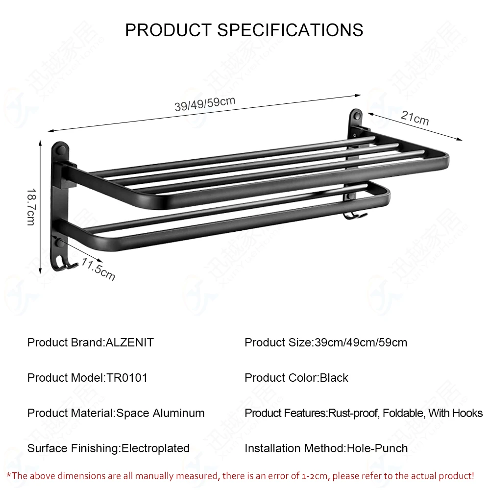 towel rack 40 60 cm folding holder with hook bathroom accessories wall mount rail shower hanger aluminum bar matte black shelf free global shipping