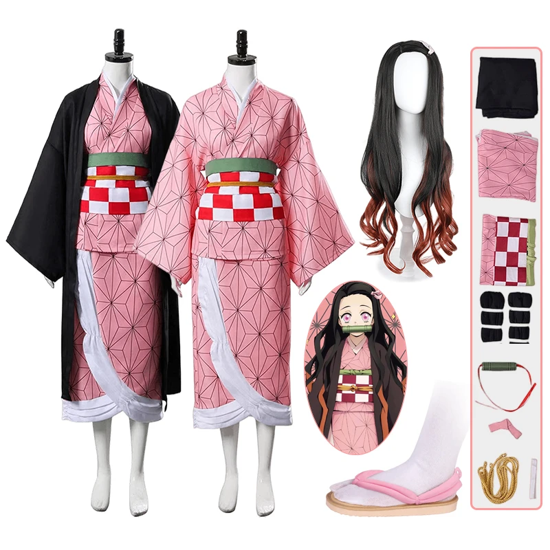 

Anime Kamado Nezuko Cosplay Costume Demon Slayer Kimetsu No Yaiba Costumes Kimono Haori Wig Clogs Suit for Adult Kids Halloween