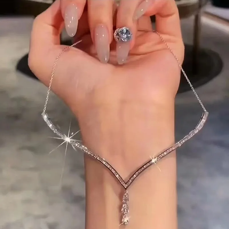 

Wholesale European Fine Woman Girl Bride Mother Party Birthday Wedding Gift Luxury Y Shape AAA Zircon 18KT White Gold Necklace