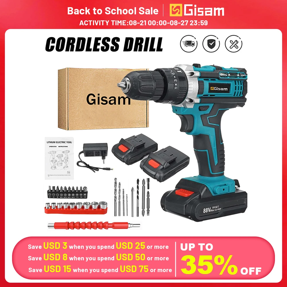 Gisam Cordless Impact Drill Electric Screwdriver Rechargeabl