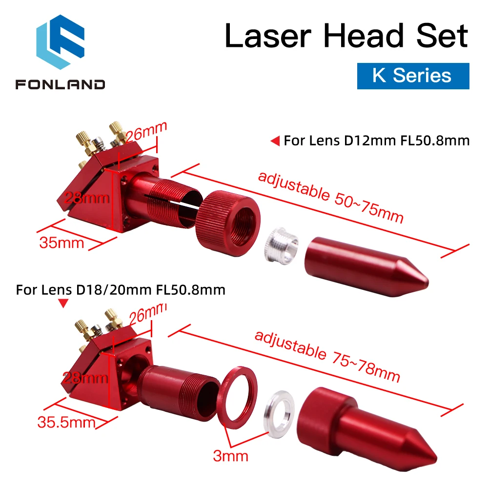 FONLAND K Series CO2 Laser Head Set Lens Dia12/18/20mm Mirror Dia 20mm for 2030 4060 K40 Laser Engraving Cutting Machine enlarge