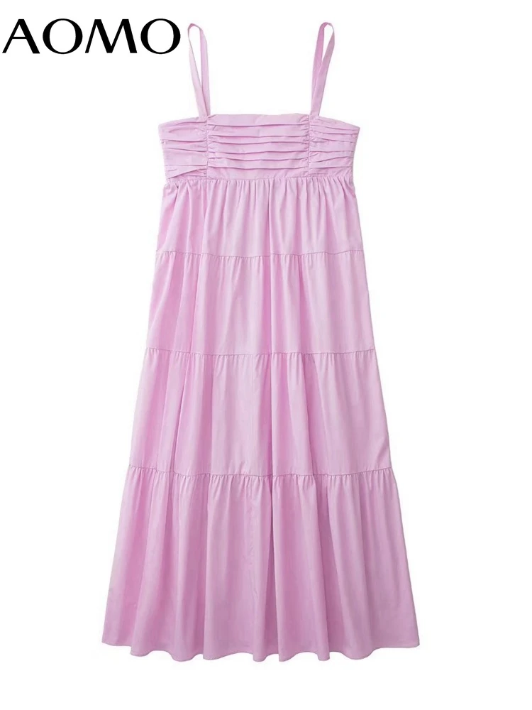

AOMO Women Pink Cotton Pleated Dress Sleeveless Backless 2022 Summer Fashion Lady Long Dresses Robe 3H461A