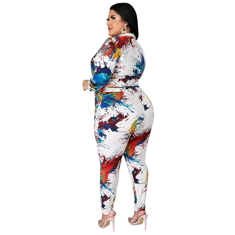 Plus Size Set Women Clothing Fall Fashion Ladies Tie Dye Long Sleeve Top Pants Suits Two Pieces 3xl 4xl 5xl 6xl
