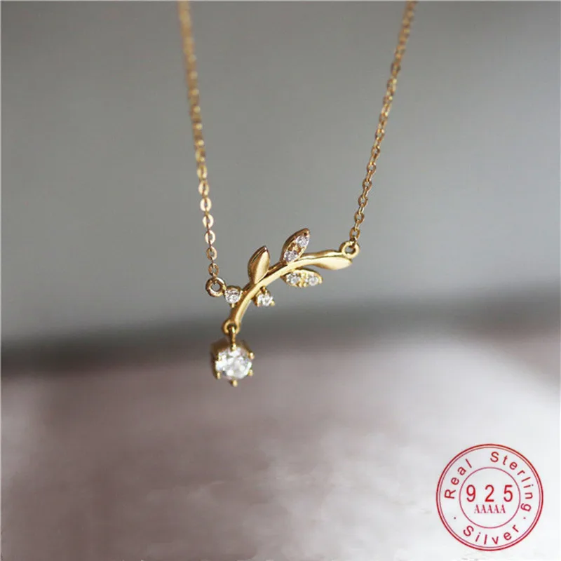 

925 Stamp Silver 14k Gold Plated Necklace Simple Temperament Olive Branch Leaf Pendant For Women