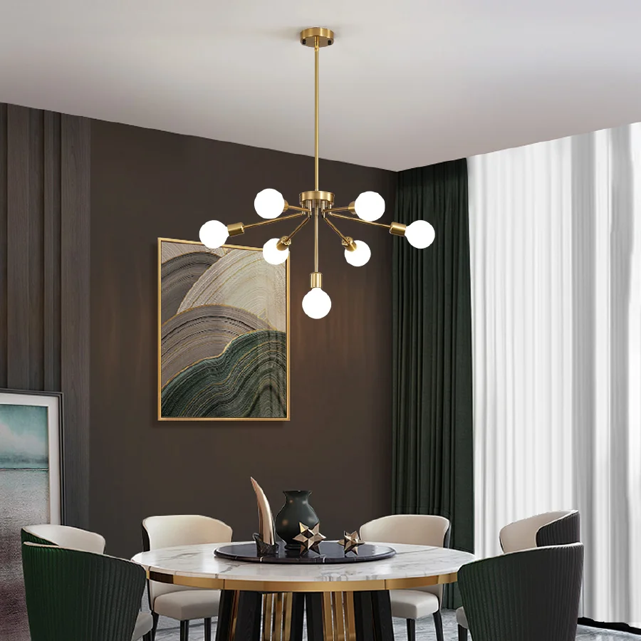 

Nordic Copper Chandelier Indoor Adjustable Pendant Light LED Chandelier For Dining Bedroom Living Room Bar Kitchen Island Lamp