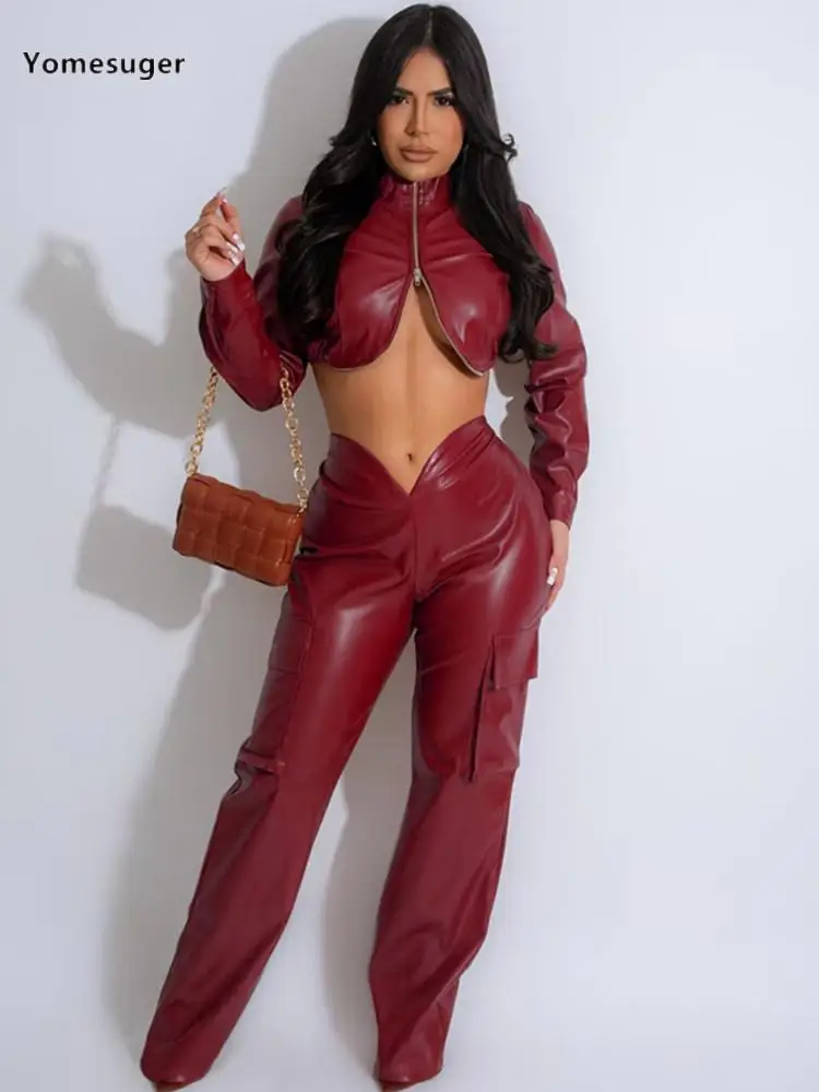 

Yomesuger Pu Leather 2 Piece Set Women Sexy Long Sleeve Wrap Chest Short Jackets and V-Waisted Pants Matched 2024 Street Outfits