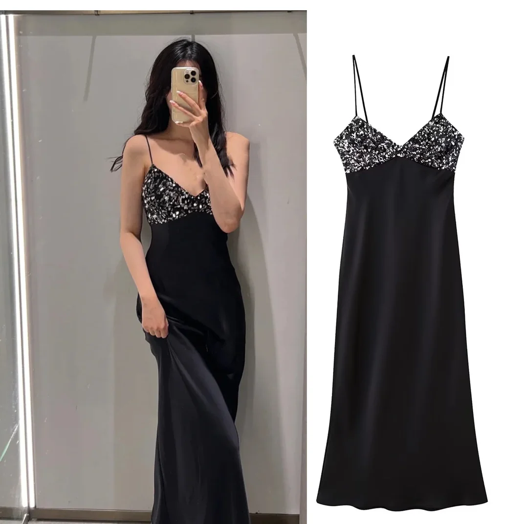 

Women's New Temperament Black Sequins Decoration Evening Dress Underwear Strap Dress Elegant Sexy Sleeveless Sling Dress