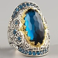 vintage big blue rhinestone ring for men punk jewelry carved pattern knuckle men championship rings jewelry