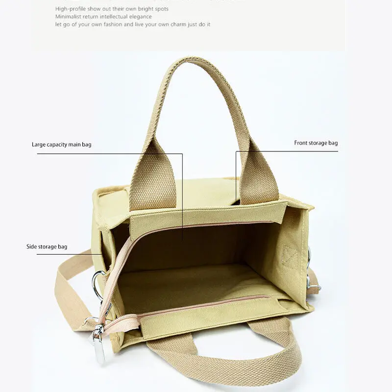 Women Canvas Shoulder Bag Adjustable Strap Handbag Cross Body Bag Messenger Tote Bag Solid Color Zipper