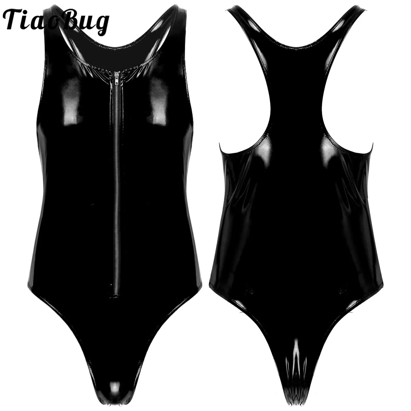 

Tiaobug Mens Black Pu Leather with Front Zipper Sleeveless 1Pcs U Neck Soft Leotard Swimwear Club Pole Dancing Bodysuit Clubwear