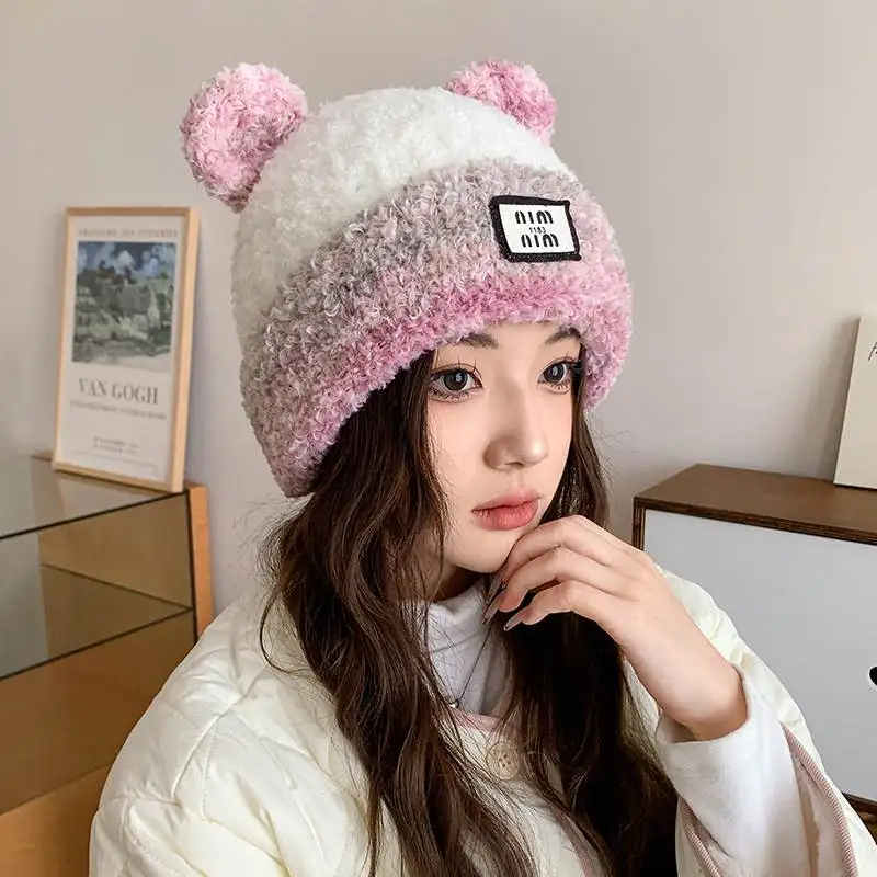 Вязаная шерстяная шапка женская осенне-зимняя теплая утепленная для верховой