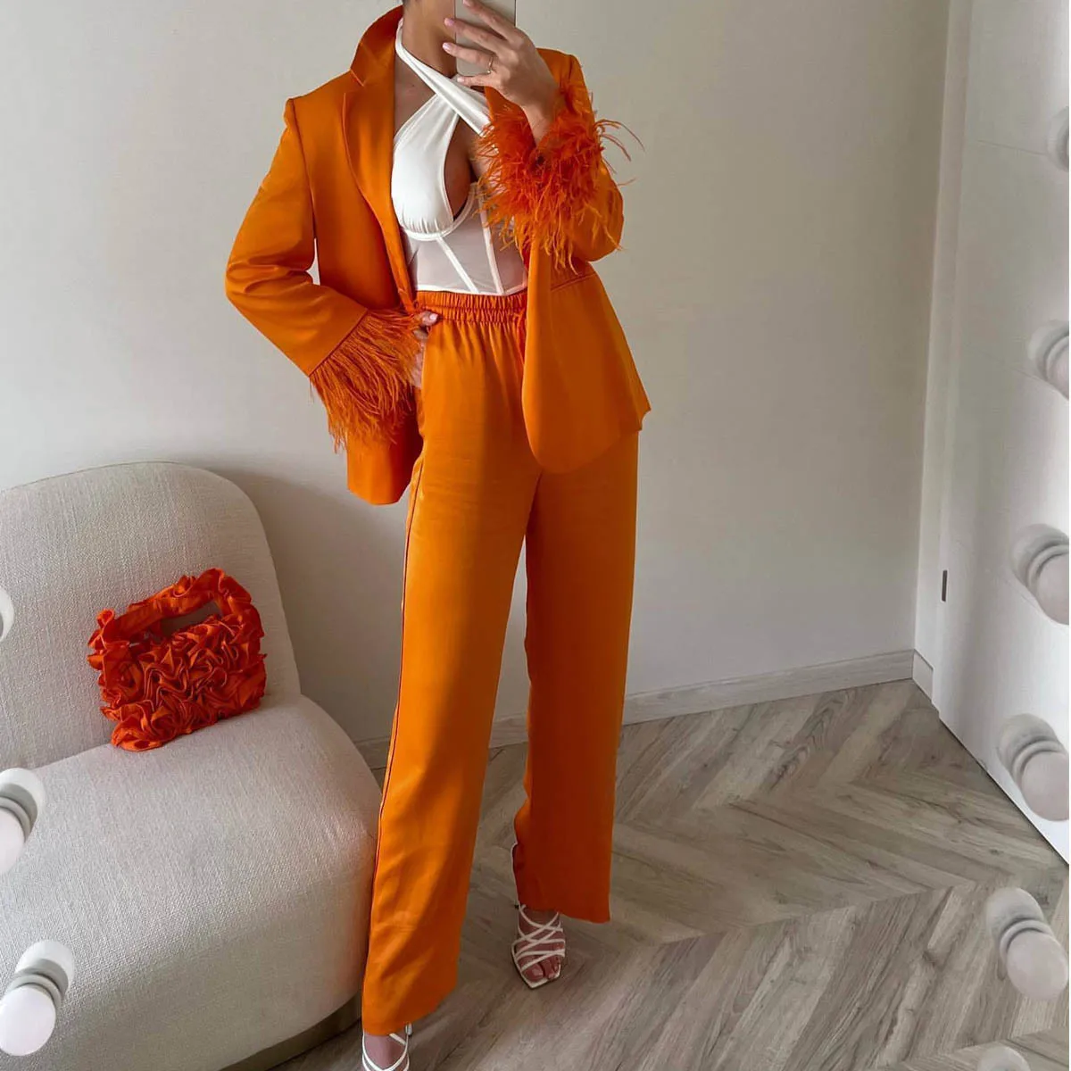 Orange Blazer Suit Pajamas Set Women Loungewear 2Pcs Long-Sleeve Blazer Female Sleepwear Home Clothes for Women Chic Outerwear