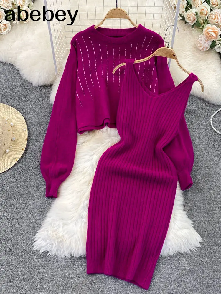 

Женский трикотажный костюм с бисером, свободный свитер с длинным рукавом и однотонное эластичное платье во французском стиле, повседневный...