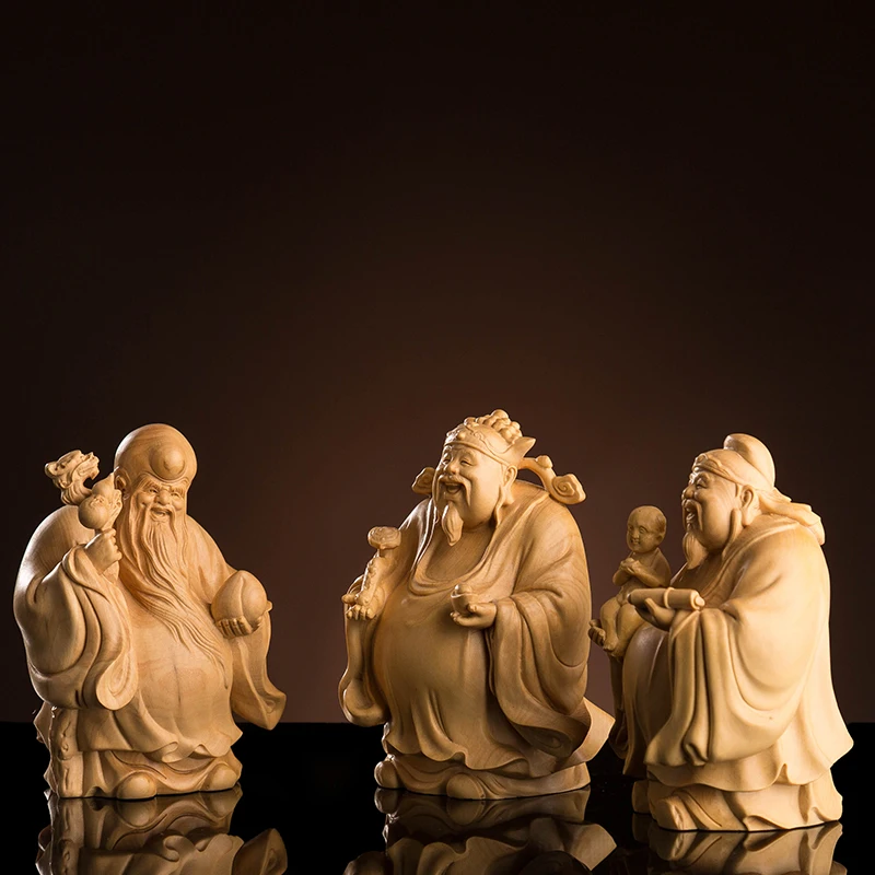 

WSHYUFEI Boxwood 10 см Fu Lu Shou скульптура три звезды боги долголетия благословение богатство древесины Будды статуя дома