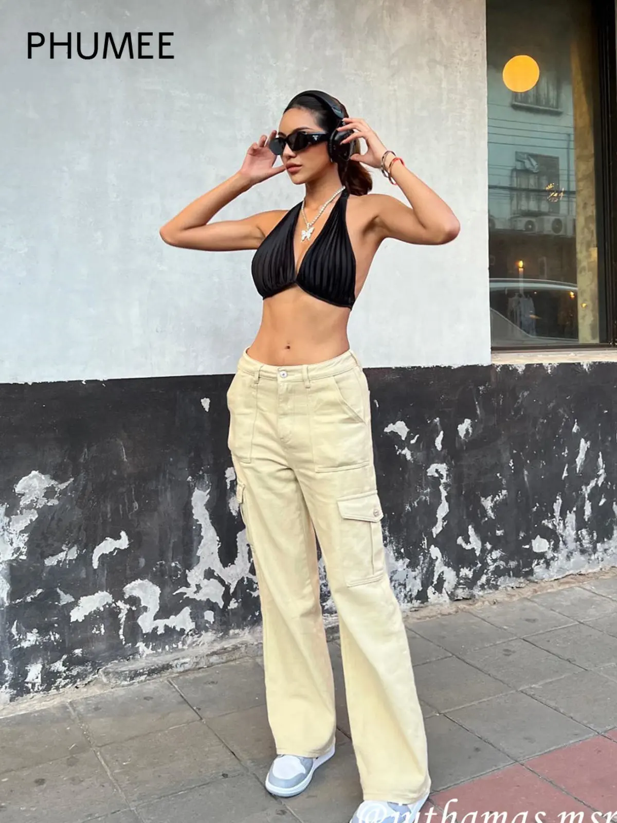 

PHUMEE High Waist Cargo Jeans Pants Women Y2K Korean Fashion Solid Pockets Loosee Boyfriend Jeans Streetwear 2022 Fall Winter