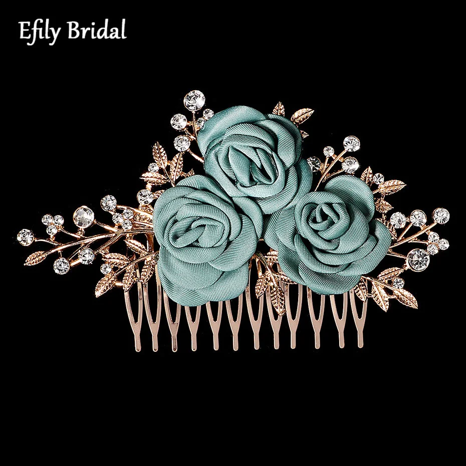 

Efily Rose Flower Wedding Hair Comb Accessories Bridal Head Jewelry Rhinestone Gold Color Leaf Bride Headdress Bridesmaid Gift