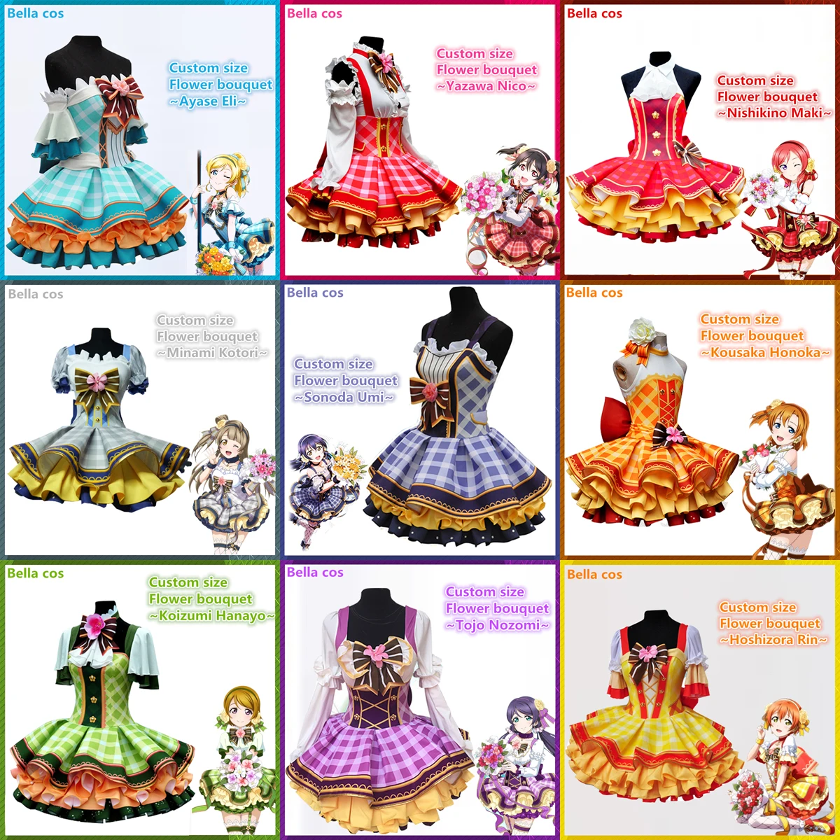 

Custom Size LoveLive Flower Bouquet Cosplay Costume MakiL/Eli/Umi/Tojo/Nico/Rin/Kotori/Hanayo Cos Dress Women Anime Outfits Suit