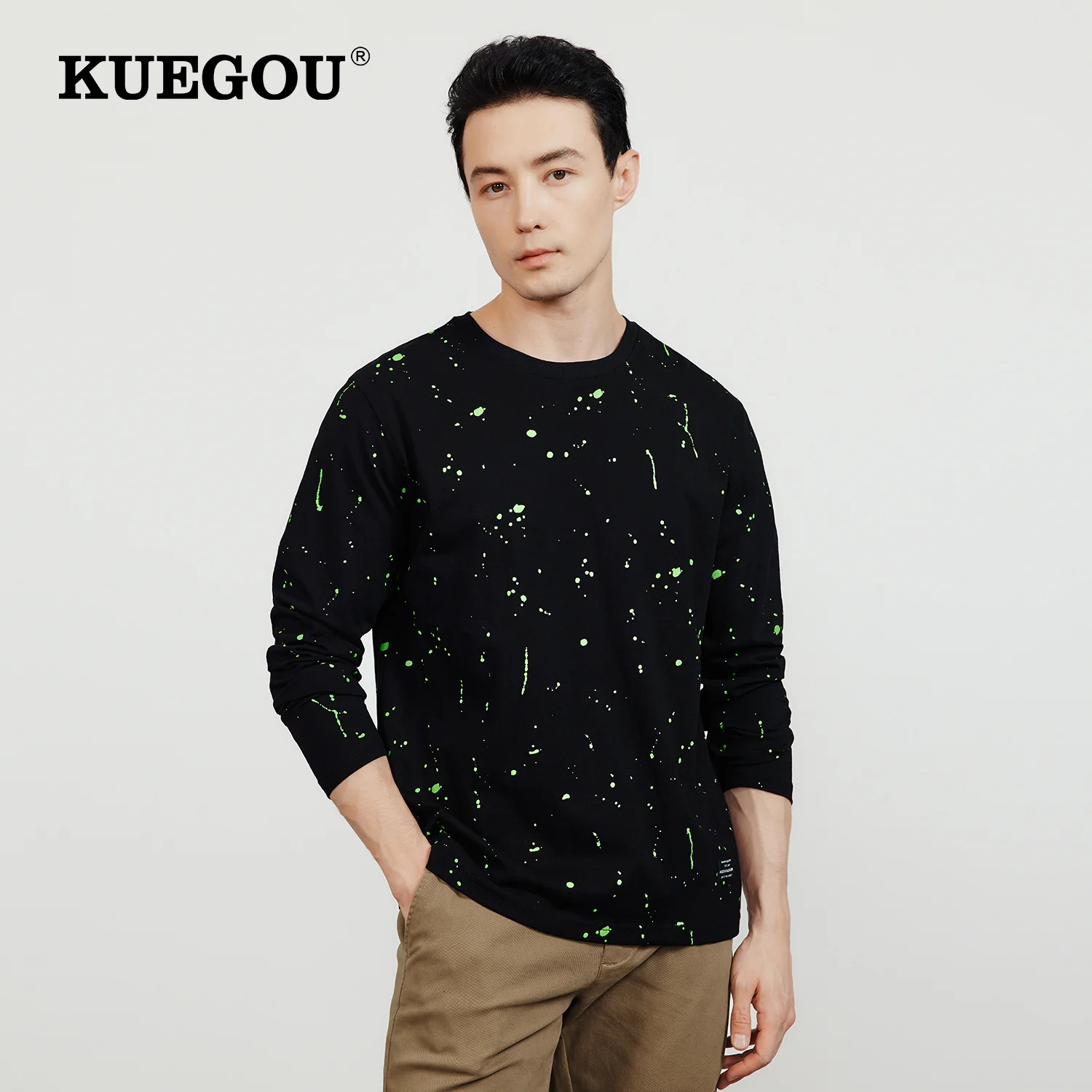 

KUEGOU 100% хлопковая графическая футболка для мужчин, мужская футболка с длинным рукавом, мужская мода, Корейская 2022, футболка большого размера ...