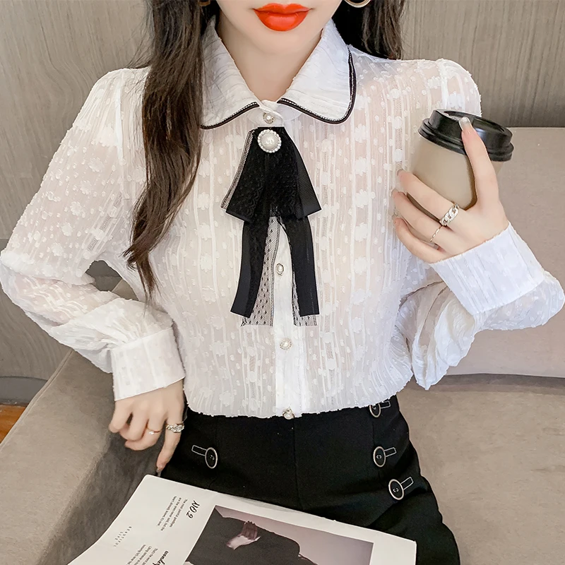 

Autumn Women's Long Sleeved Lapel French Bubble Sleeve Patchwork Bow Versatile Chiffon Shirt Blusas Mujer Blouses Tops A262