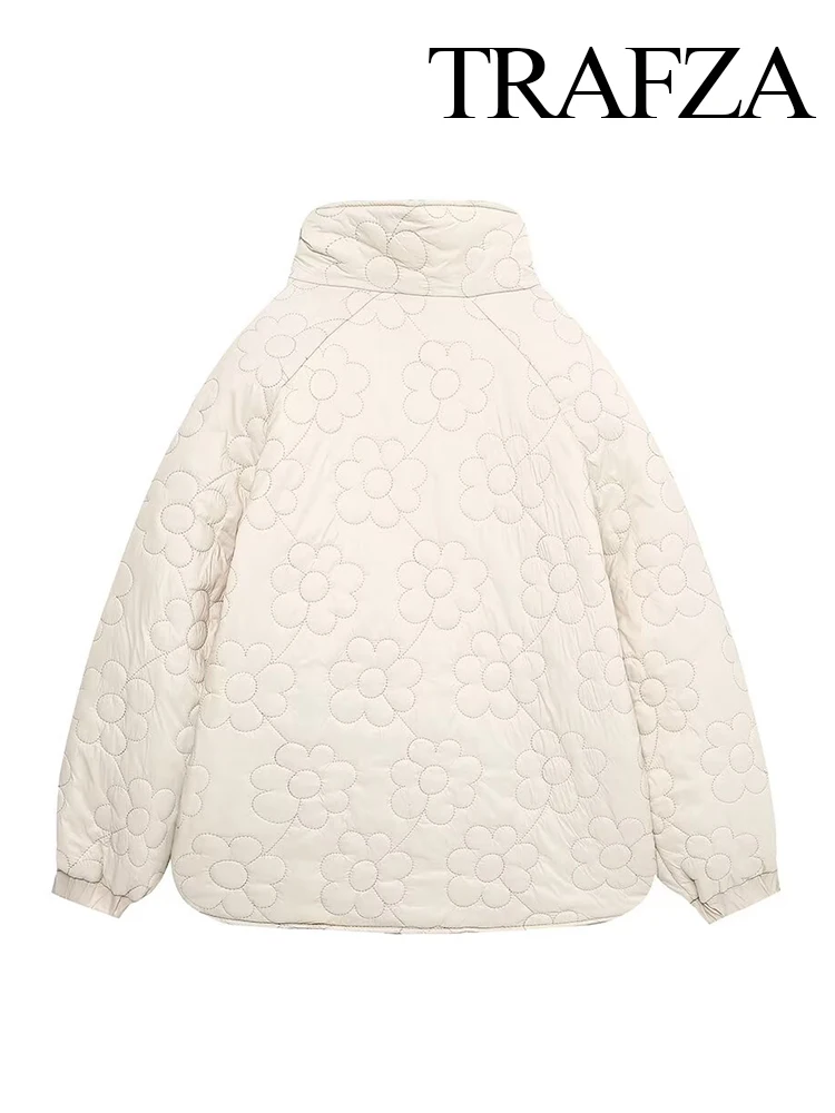 TRAFZA Women's Winter Fashion Padded Floral Printed Cotton Coat Female Elegant Versatile Warm Hidden Button Long Sleeve Jacket
