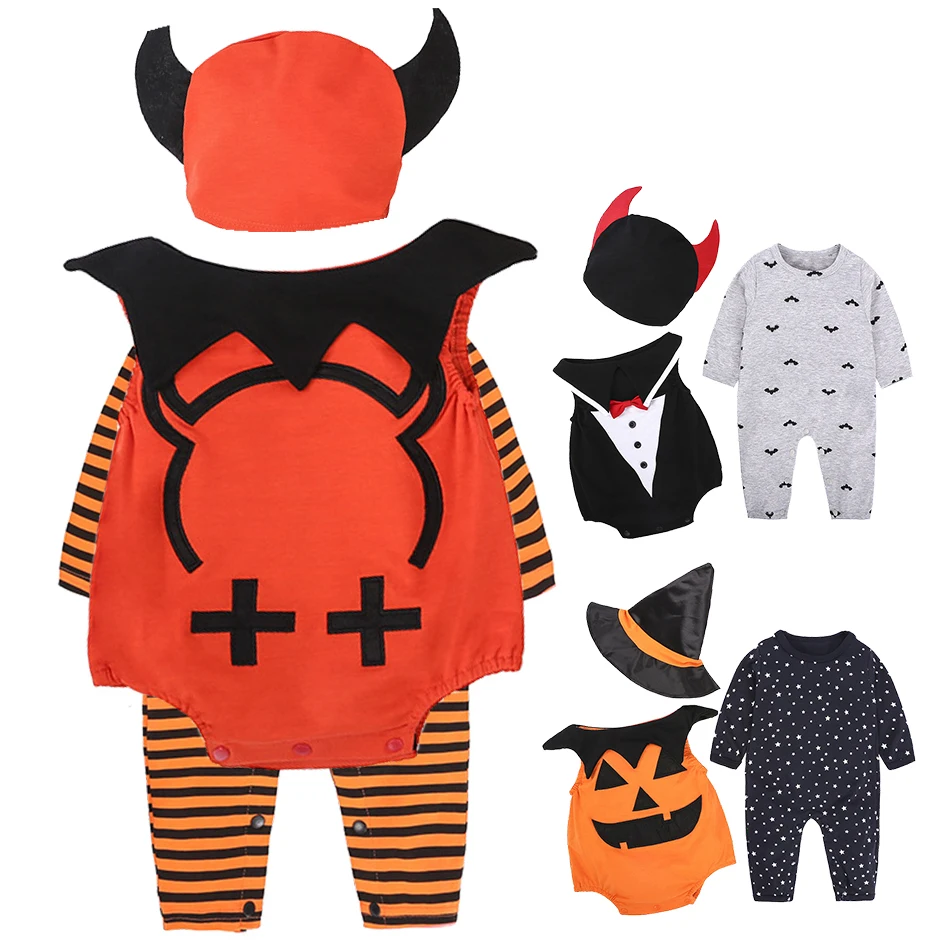 

Newborn Baby Cute Halloween Costume 3 Piece Toddler Boys Girls Striped Jumpsuit+Sleeveless Romper Tank Top+Hat Outfits Set