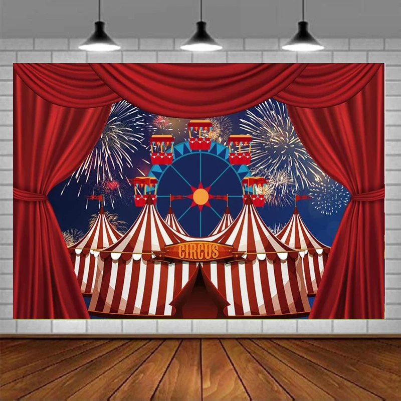 

Red Circus Tent Summer Carnival Photography Backdrop Night Sky Fireworks Ferris Wheel Children Birthday Party Decor Background