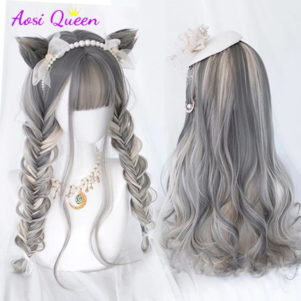 

AS Long Wavy Ombre Brown Purple Synthetic Wigs for Women Heat Resistant Natural Middle Part Cosplay Party Lolita Hair Wigs
