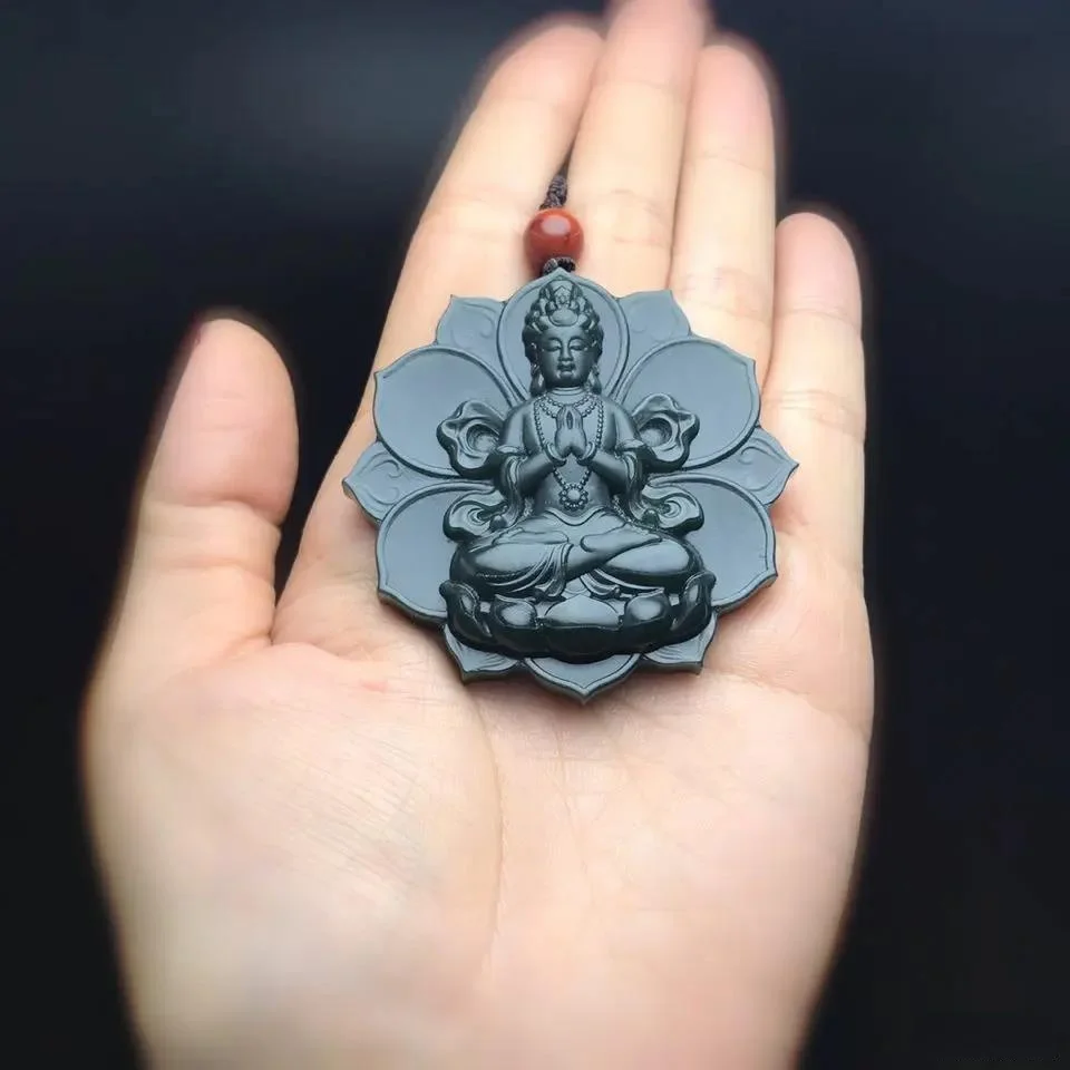 

New Natural Hetian Jade Cyan Lotus Guanyin Pendant Charm Jewellery Hand-Carved Necklace for Women Men Fashion with Chain Gift