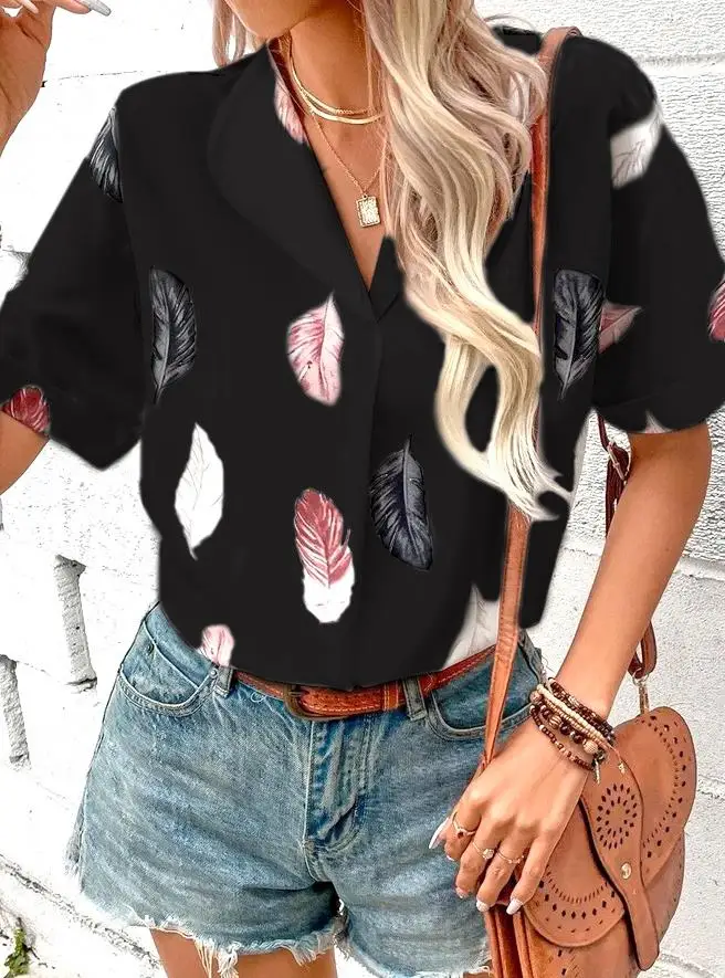 

New Fashion 2023 Summer Casual Women's Lapel Feather Print Shirt Short Casual Sexy Female Clothing T-Shirts Pullover Tops