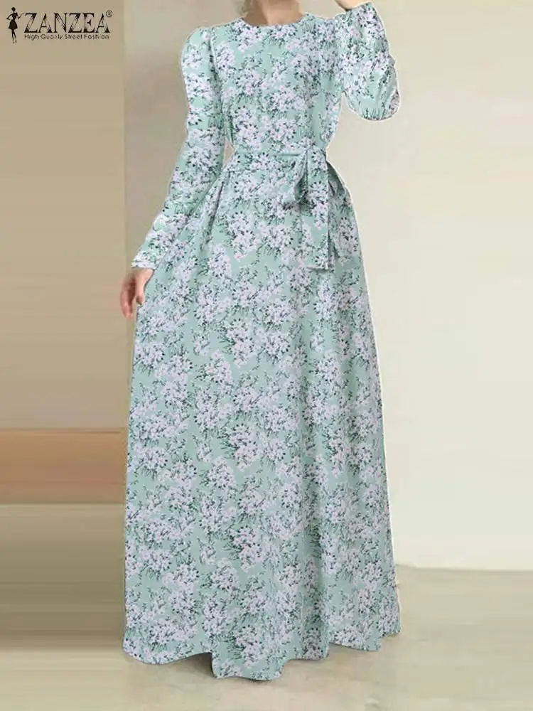 

Платье ZANZEA женское праздничное длинное с круглым вырезом, элегантное модное блестящее платье с завязкой на талии, длинная одежда с длинным рукавом и цветочным принтом