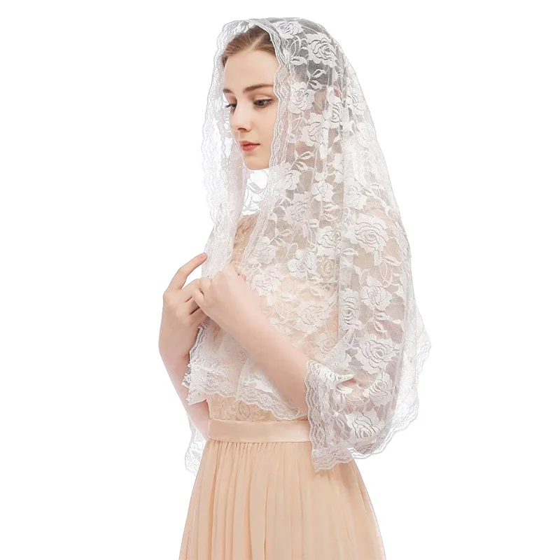Фото Фата Mantilla для церкви в испанском стиле, кружевная фата для свадьбы, черно-белая часовня, католическая вуаль, мусульманское покрытие головы №1