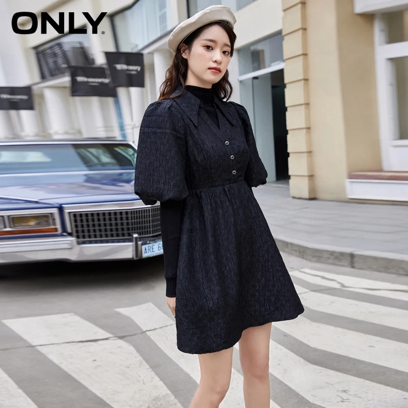 

ONLY autumn and winter new fashion retro solid color puff sleeve short waist dress female | 121107003