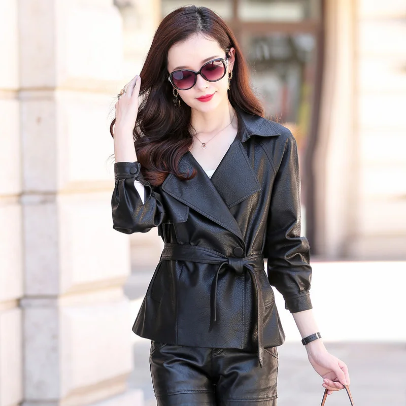100% genuine real Haining Short Slim 2023 Autumn New Rollover Sheepskin Women's Leather Jacket Black Fashion