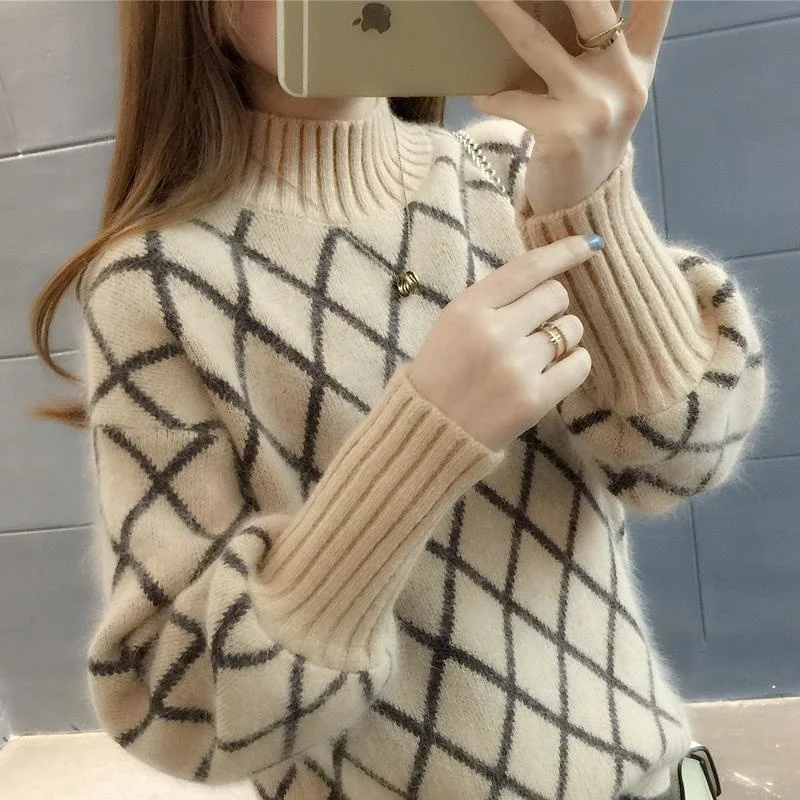 

Sueter Mujer Women Autumn Winter New Korean Fashion Rhombus Checker Pullover Sweater Loose Student Half Turtleneck Harajuku