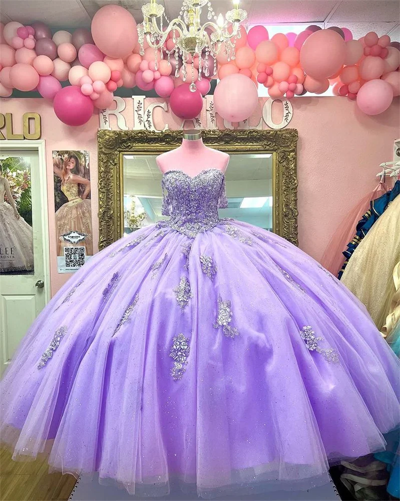 

2022 Purple Appliques Puffy Ball Gown Quinceanera Dresses Sequined Sweetheart 16 Dress Pageant Gowns Vestidos De 15 Años