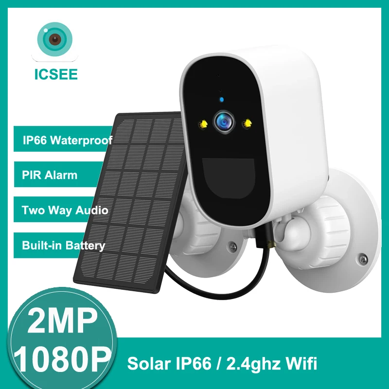 

ICSEE Солнечная Wi-Fi камера 2 Мп 1080P Встроенная батарея IP66 наружная Водонепроницаемая ИК-камера видеонаблюдения с обнаружением движения и двухсторонним аудио