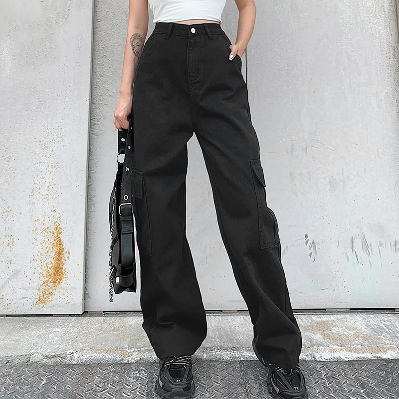 

Spring Fashion Cute Loose Big Pockets SML 3 Colors High Waist Women Casual Cotton Denim Pants Girl Straight Jeans Trousers Y2k