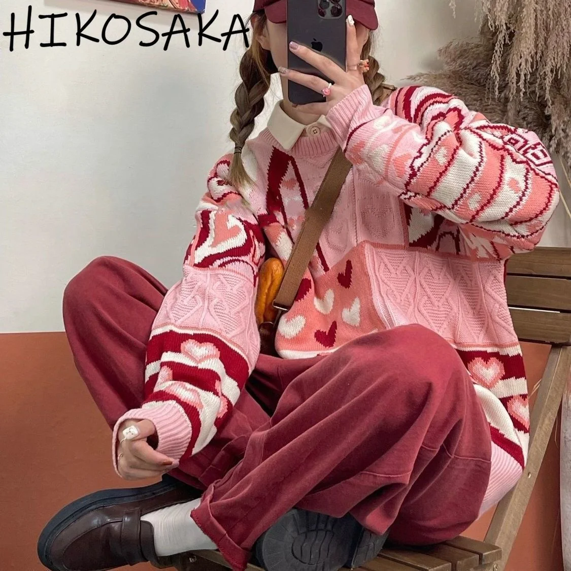 

Japanese Harajuku Vintage Sweet Sweaters O-neck Love Jacquard Long Sleeve Knitted Pullovers 2023 Fall Winter All-match Sueter