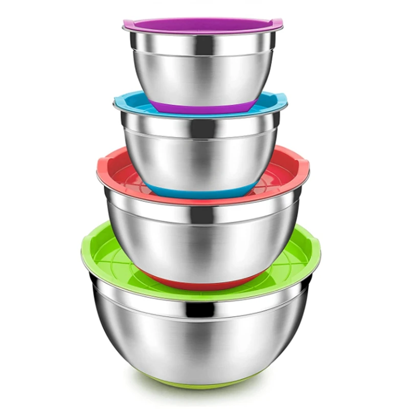 

4Piece Stainless Steel Mixing Bowls Salad Bowl Non-Slip Stackable Serving Bowl with Airtight Lids for Cooking Baking,Etc