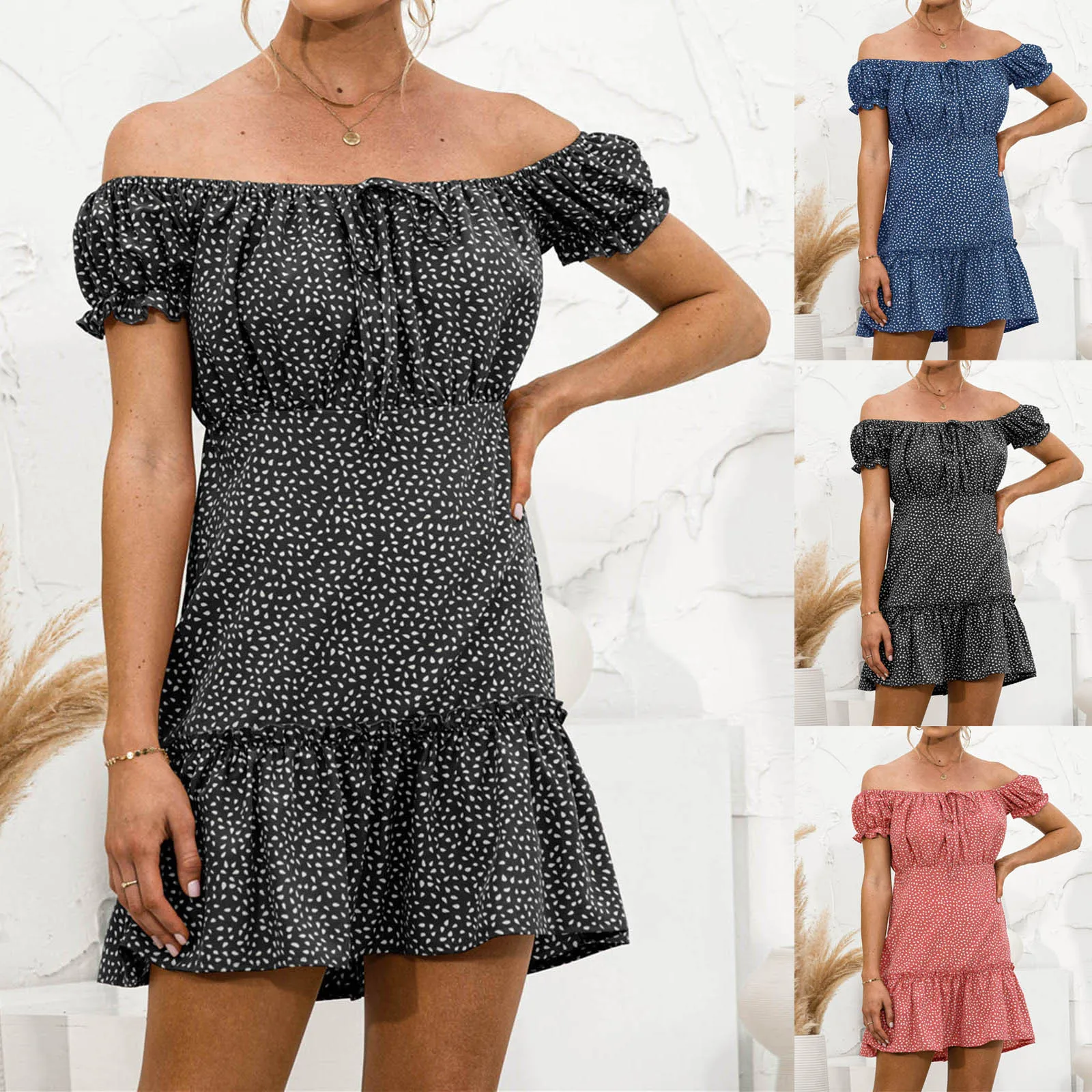 

Женское летнее Платье с одним открытым плечом, коротким рукавом и оборками